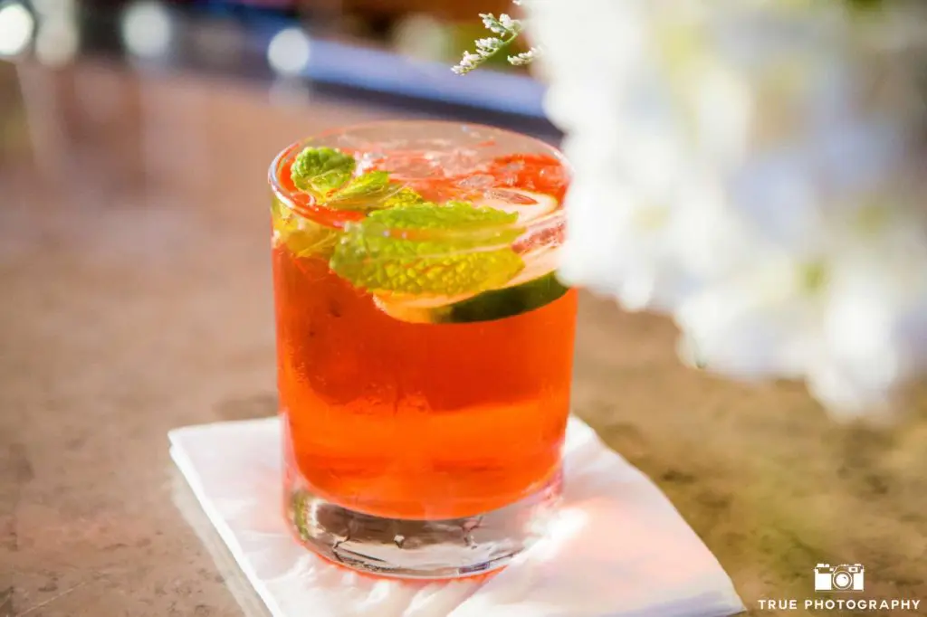bright pink drink with lime and mint at San Diego wedding bar