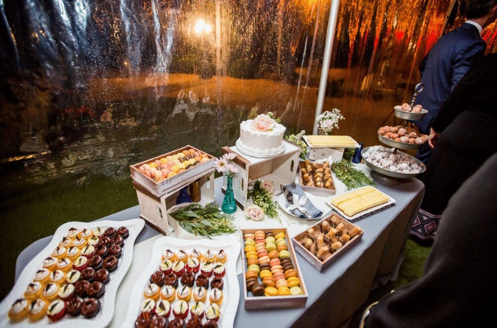 Outdoor fall party dessert spread with seasonal fruit galettes and small bites on a rustic table