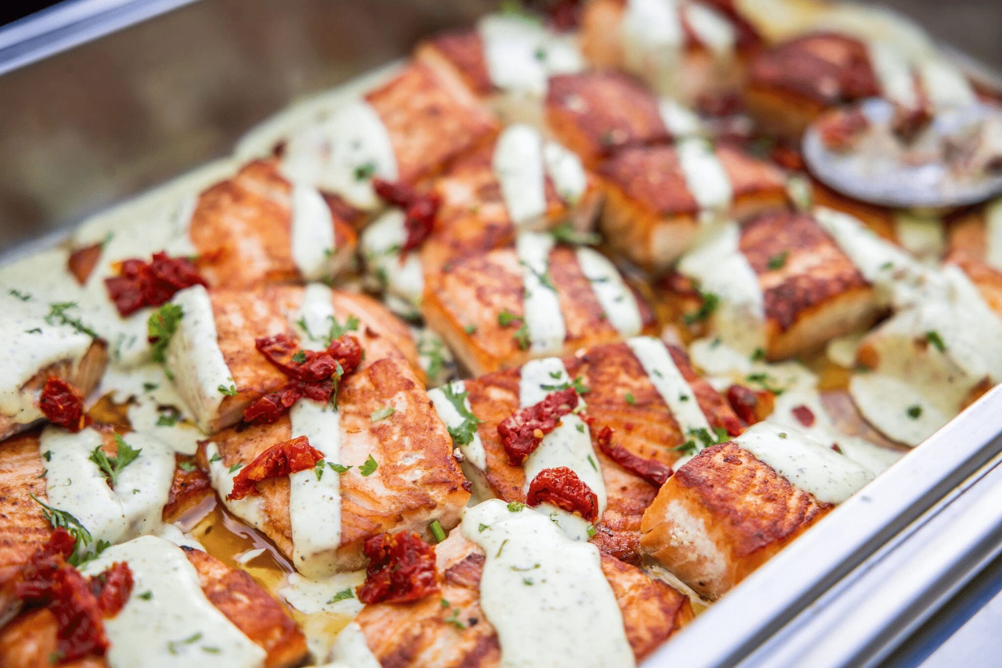 Seared salmon fillets topped with herb cream and sun-dried tomatoes on a fall buffet.